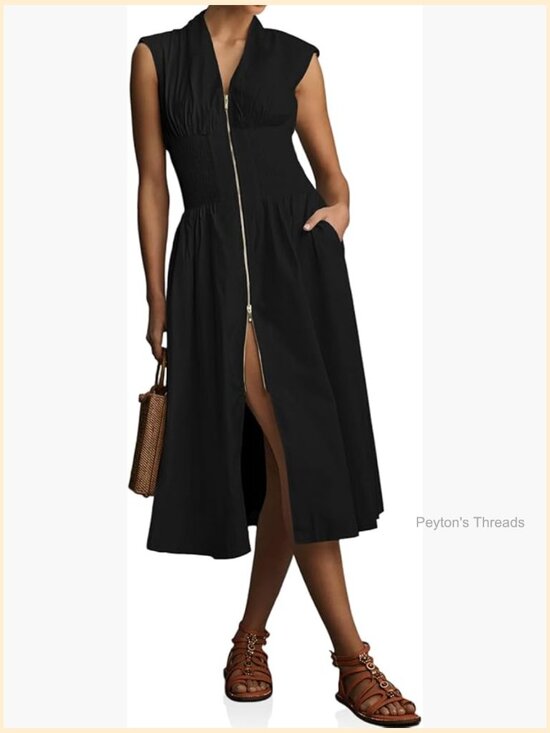 Dresses & Skirts - Smocked Midi Dress V Neck Cap Sleeve High Slit Flowy Casual Zipper Dress